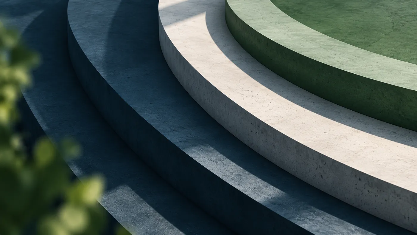 Concentric concrete steps rising in navy, stone and green