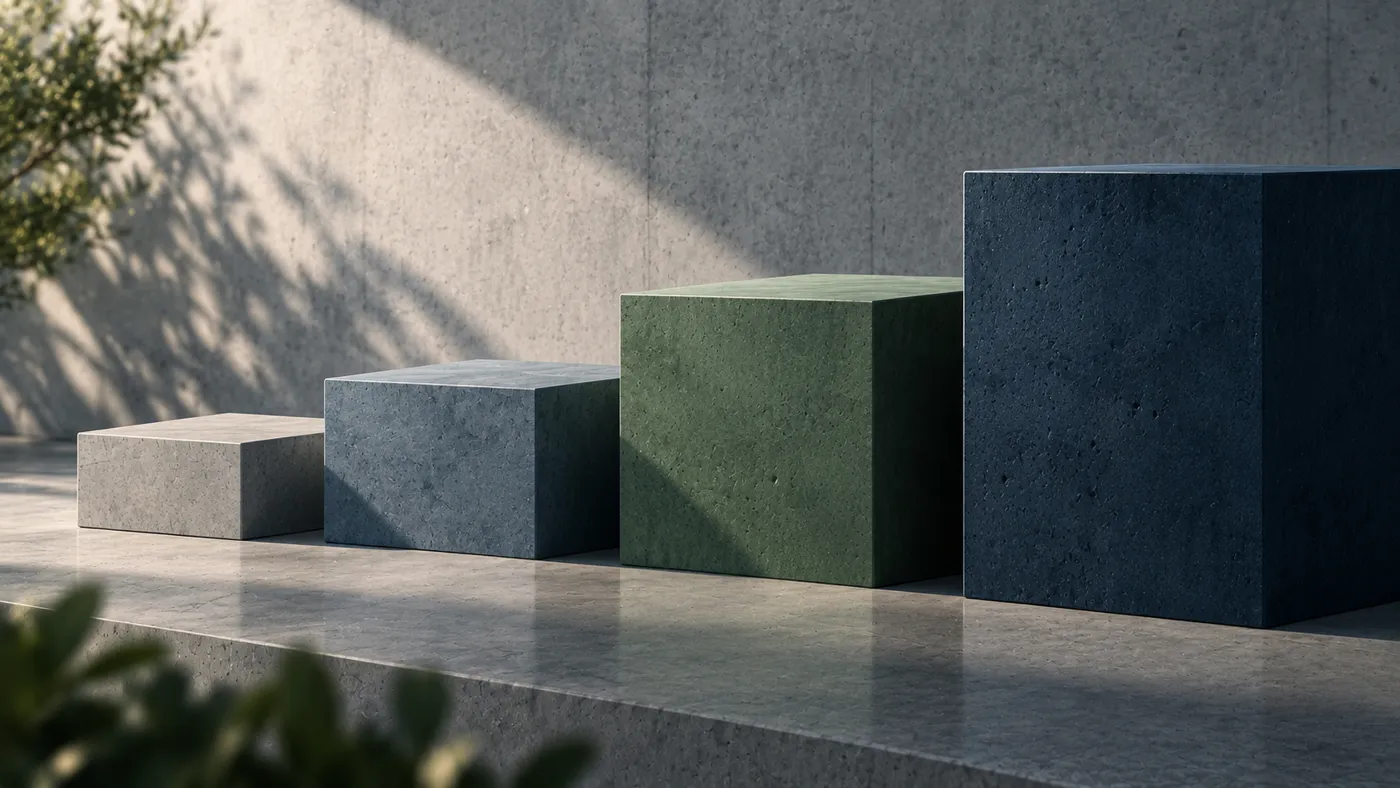 Four stone blocks rising in size, in grey, slate, green and navy