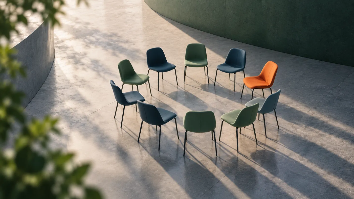 A circle of navy and green chairs with one orange chair out of place