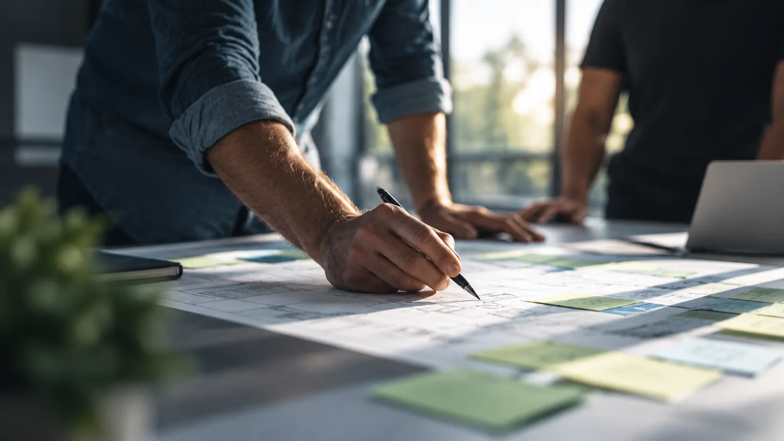 Hands marking up a process map covered in sticky notes