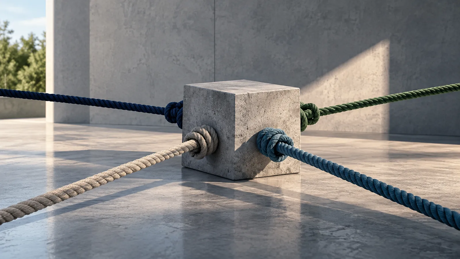 Four ropes of navy, green and stone knotted to one concrete block